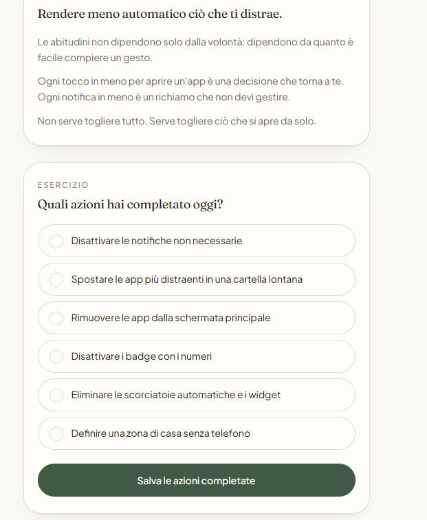 Schermata reale di RESET: esercizio con la lista delle azioni completate